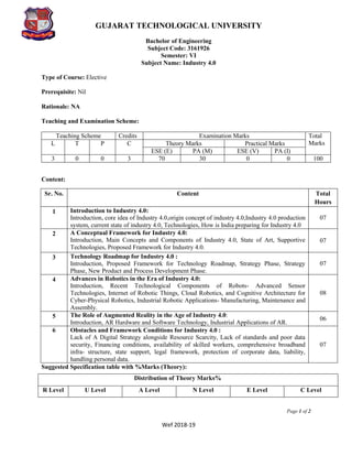 GUJARAT TECHNOLOGICAL UNIVERSITY
Bachelor of Engineering
Subject Code: 3161926
Page 1 of 2
Wef 2018-19
Semester: VI
Subject Name: Industry 4.0
Type of Course: Elective
Prerequisite: Nil
Rationale: NA
Teaching and Examination Scheme:
Teaching Scheme Credits Examination Marks Total
Marks
L T P C Theory Marks Practical Marks
ESE (E) PA (M) ESE (V) PA (I)
3 0 0 3 70 30 0 0 100
Content:
Sr. No. Content Total
Hours
1 Introduction to Industry 4.0:
Introduction, core idea of Industry 4.0,origin concept of industry 4.0,Industry 4.0 production
system, current state of industry 4.0, Technologies, How is India preparing for Industry 4.0
07
2 A Conceptual Framework for Industry 4.0:
Introduction, Main Concepts and Components of Industry 4.0, State of Art, Supportive
Technologies, Proposed Framework for Industry 4.0.
07
3 Technology Roadmap for Industry 4.0 :
Introduction, Proposed Framework for Technology Roadmap, Strategy Phase, Strategy
Phase, New Product and Process Development Phase.
07
4 Advances in Robotics in the Era of Industry 4.0:
Introduction, Recent Technological Components of Robots- Advanced Sensor
Technologies, Internet of Robotic Things, Cloud Robotics, and Cognitive Architecture for
Cyber-Physical Robotics, Industrial Robotic Applications- Manufacturing, Maintenance and
Assembly.
08
5 The Role of Augmented Reality in the Age of Industry 4.0:
Introduction, AR Hardware and Software Technology, Industrial Applications of AR.
06
6 Obstacles and Framework Conditions for Industry 4.0 :
Lack of A Digital Strategy alongside Resource Scarcity, Lack of standards and poor data
security, Financing conditions, availability of skilled workers, comprehensive broadband
infra- structure, state support, legal framework, protection of corporate data, liability,
handling personal data.
07
Suggested Specification table with %Marks (Theory):
Distribution of Theory Marks%
R Level U Level A Level N Level E Level C Level
 