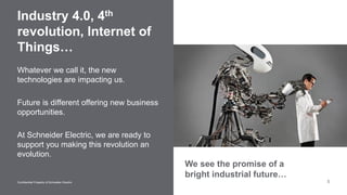 5Confidential Property of Schneider Electric 5
> We see the promise of a bright industrial future.
Whatever we call it, the new
technologies are impacting us.
Future is different offering new business
opportunities.
At Schneider Electric, we are ready to
support you making this revolution an
evolution.
Industry 4.0, 4th
revolution, Internet of
Things…
We see the promise of a
bright industrial future…
 