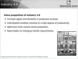Copyright by Brockhaus GmbH, alle Rechte reserviert, unautorisierte Vervielfältigung untersagt
Industry 4.0
Value proposition of industry 4.0
✔ Increase agility and flexibility in production process.
✔ Individualize smallest volumes to a high degree of productivity.
✔ Optimizes multi-variant series production.
✔ React faster on changing market requirements.
 