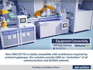 The future of industrial protocols:
OPC UA
 Secure, Reliable and Platform-Independent
 Standardized Communication with Internet &
Firewalls
 Service-oriented Architecture
New UNO-2271G is totally compatible with architecture required by
protocol gateways. Our solution provide UNO as “centralizer” of all
communication and SCADA network.
 