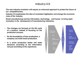 Industry 4.0
Indian Manufacturing Companies heading towards
Industry 4.0
The new industry revolution will require an enhanced approach to protect the future of
our competitiveness.
Industry 4.0 emphasizes the idea of consistent digitization and change the economic
rules of the industry.
Smart manufacturing marries information, technology and human to bring rapid
revolution in the development of manufacturing industries.
• The changes are focused on the life cycle
of a product, instead of focusing on the
production process.
• On the foundations of lean production, a
company can build smart production.
• In a smart production leader will make
decisions according to the information,
not just according to the experience.
• Manufacturi
ng process
• Plan
• Lean
Manufacturi ng
• Decide by
experience
• Save
money
• Product
Life time
• Act
• Smart
Manufacturi ng
• Decide by
information
• Create
new
revenue
streams
Industry
4.0
Industry
3.0
 