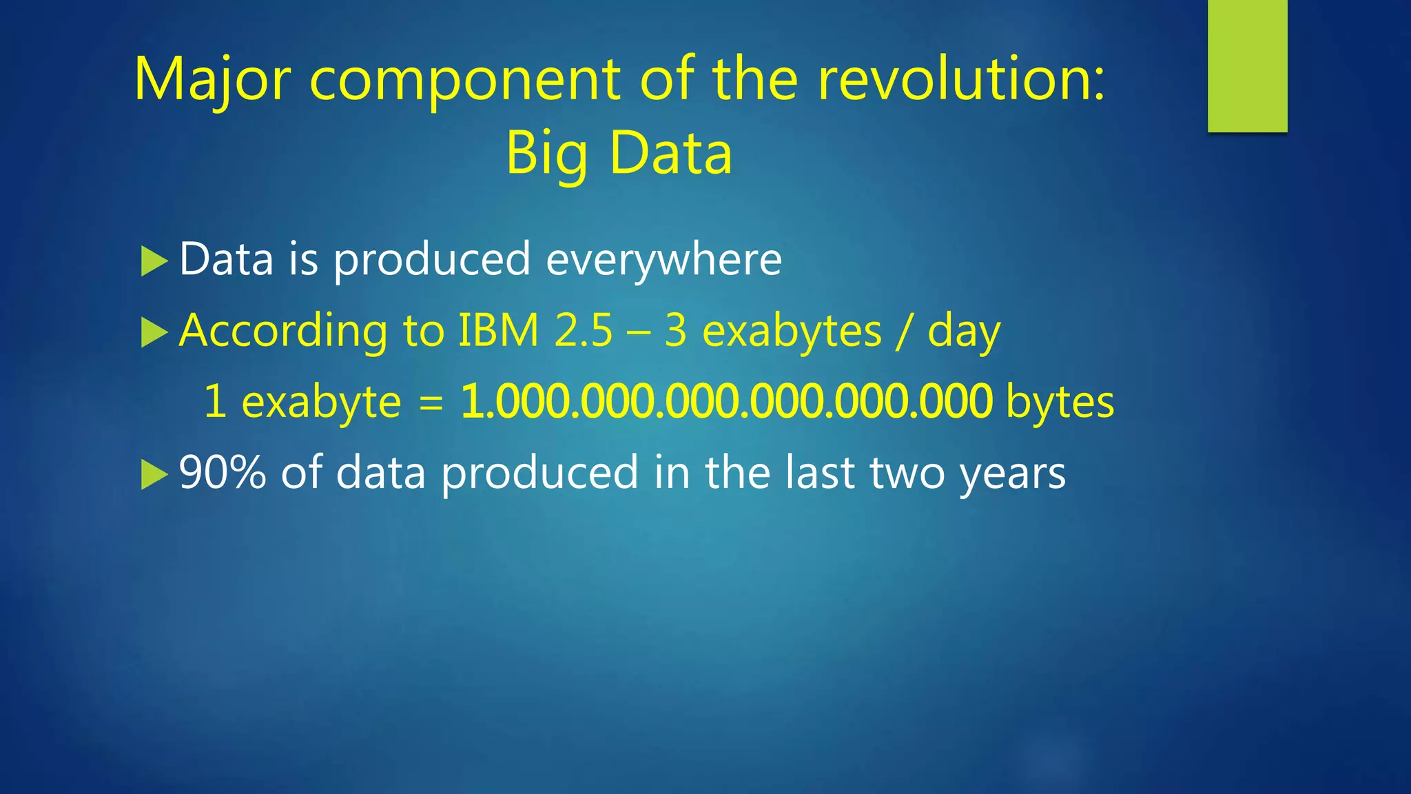 Major component of the revolution:
Big Data
Data is produced everywhere
According to IBM 2.5 – 3 exabytes / day
1 exabyte = 1.000.000.000.000.000.000 bytes
90% of data produced in the last two years