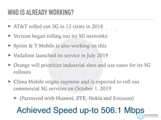 WHO IS ALREADY WORKING?
➤ AT&T rolled out 5G in 12 cities in 2018


➤ Verizon began rolling out its 5G networks


➤ Sprint & T-Mobile is also working on this


➤ Vodafone launched its service in July 2019


➤ Orange will prioritize industrial sites and use cases for its 5G
rollouts


➤ China Mobile reigns supreme and is expected to roll out
commercial 5G services on October 1. 2019


➤ (Partnered with Huawei, ZTE, Nokia and Ericsson)
Achieved Speed up-to 506.1 Mbps
 