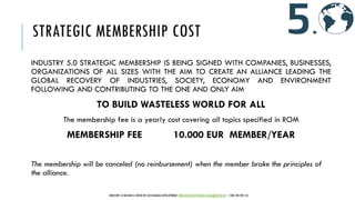 STRATEGIC MEMBERSHIP COST
INDUSTRY 5.0 STRATEGIC MEMBERSHIP IS BEING SIGNED WITH COMPANIES, BUSINESSES,
ORGANIZATIONS OF ALL SIZES WITH THE AIM TO CREATE AN ALLIANCE LEADING THE
GLOBAL RECOVERY OF INDUSTRIES, SOCIETY, ECONOMY AND ENVIRONMENT
FOLLOWING AND CONTRIBUTING TO THE ONE AND ONLY AIM
TO BUILD WASTELESS WORLD FOR ALL
The membership fee is a yearly cost covering all topics specified in ROM
MEMBERSHIP FEE 10.000 EUR MEMBER/YEAR
The membership will be canceled (no reinbursement) when the member brake the principles of
the alliance.
INDUSTRY 5.0 BUSINESS CENTER OF SUSTAINABLE DEVELOPMENT WWW.IBCSD.BIZ MICHAEL.RADA@IBCSD.BIZ +420-728 492 512
 