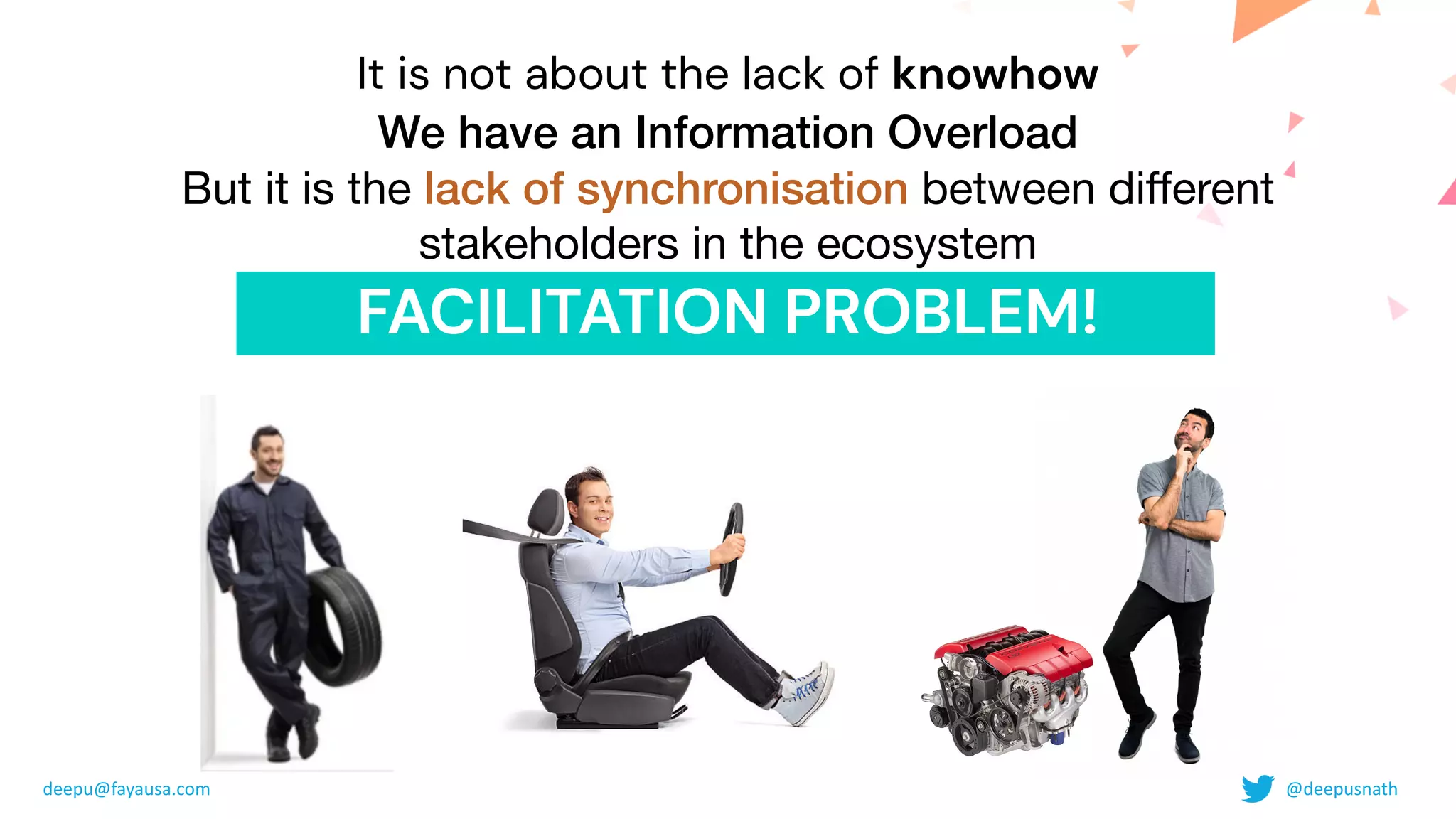 It is not about the lack of knowhow


We have an Information Overload


But it is the lack of synchronisation between di
ff
erent
stakeholders in the ecosystem

FACILITATION PROBLEM!


deepu@fayausa.com @deepusnath
 