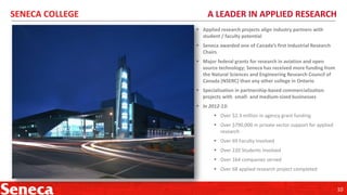 SENECA COLLEGE

A LEADER IN APPLIED RESEARCH
 Applied research projects align industry partners with
student / faculty potential
 Seneca awarded one of Canada’s first Industrial Research
Chairs
 Major federal grants for research in aviation and open
source technology; Seneca has received more funding from
the Natural Sciences and Engineering Research Council of
Canada (NSERC) than any other college in Ontario
 Specialization in partnership-based commercialization
projects with small- and medium-sized businesses
 In 2012-13:
 Over $2.3 million in agency grant funding
 Over $790,000 in private sector support for applied
research

 Over 69 Faculty Involved
 Over 220 Students Involved
 Over 164 companies served
 Over 68 applied research project completed

10

 