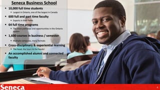 Seneca Business School
 10,000 full time students
 Largest in Ontario, one of the largest in Canada

 600 full and part time faculty
 Experts in their fields

 64 full time programs
 The most pathways and opportunities in the Ontario
system

 1,600 courses in business / semester
 Multiple campuses, many formats

 Cross-disciplinary & experiential learning
 The head, the heart & the hands!

 An accomplished alumni and connected
faculty

4

 