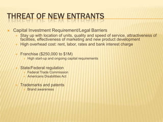 THREAT OF NEW ENTRANTS
   Capital Investment Requirement/Legal Barriers
       Stay up with location of units, quality and speed of service, attractiveness of
        facilities, effectiveness of marketing and new product development
       High overhead cost: rent, labor, rates and bank interest charge

       Franchise ($250,000 to $1M)
            High start-up and ongoing capital requirements

       State/Federal regulation
            Federal Trade Commission
            Americans Disabilities Act

       Trademarks and patents
            Brand awareness
 
