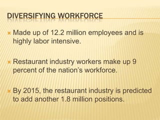 DIVERSIFYING WORKFORCE

   Made up of 12.2 million employees and is
    highly labor intensive.

   Restaurant industry workers make up 9
    percent of the nation’s workforce.

   By 2015, the restaurant industry is predicted
    to add another 1.8 million positions.
 