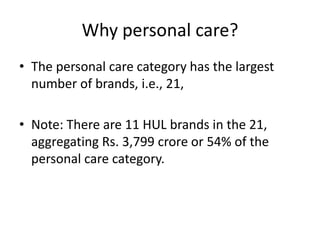 Why personal care?
• The personal care category has the largest
number of brands, i.e., 21,
• Note: There are 11 HUL brands in the 21,
aggregating Rs. 3,799 crore or 54% of the
personal care category.

 