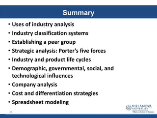 Summary
• Uses of industry analysis
• Industry classification systems
• Establishing a peer group
• Strategic analysis: Porter’s five forces
• Industry and product life cycles
• Demographic, governmental, social, and
technological influences
• Company analysis
• Cost and differentiation strategies
• Spreadsheet modeling
29
 
