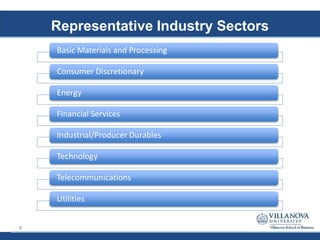 Representative Industry Sectors
Basic Materials and Processing
Consumer Discretionary
Energy
Financial Services
Industrial/Producer Durables
Technology
Telecommunications
Utilities
8
 