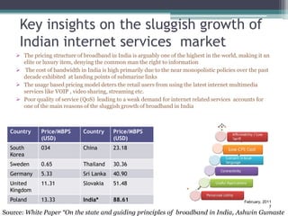 Key insights on the sluggish growth of
     Indian internet services market
     The pricing structure of broadband in India is arguably one of the highest in the world, making it an
      elite or luxury item, denying the common man the right to information
     The cost of bandwidth in India is high primarily due to the near monopolistic policies over the past
      decade exhibited at landing points of submarine links
     The usage based pricing model deters the retail users from using the latest internet multimedia
      services like VOIP , video sharing, streaming etc.
     Poor quality of service (QoS) leading to a weak demand for internet related services accounts for
      one of the main reasons of the sluggish growth of broadband in India



  Country     Price/MBPS       Country     Price/MBPS
              (USD)                        (USD)
  South       034              China       23.18
  Korea
  Sweden      0.65             Thailand    30.36
  Germany     5.33             Sri Lanka   40.90
  United      11.31            Slovakia    51.48
  Kingdom
  Poland      13.33            India*      88.61                                                February, 2011
                                                                                                             7
Source: White Paper “On the state and guiding principles of broadband in India, Ashwin Gumaste
 