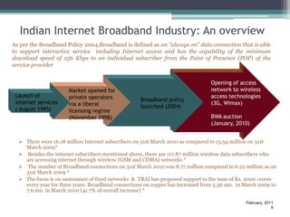 Indian Internet Broadband Industry: An overview
As per the Broadband Policy 2004,Broadband is defined as an “always on” data connection that is able
to support interactive service including Internet access and has the capability of the minimum
download speed of 256 Kbps to an individual subscriber from the Point of Presence (POP) of the
service provider


                                                                                 Opening of access
                      Market opened for                                          network to wireless
 Launch of            private operators                                          access technologies
 internet services                                  Broadband policy
                      via a liberal                                              (3G, Wimax)
 ( August 1995)                                     launched (2004)
                      licensing regime
                      (November 1998)                                            BWA auction
                                                                                 (January, 2010)


   There were 16.18 million Internet subscribers on 31st March 2010 as compared to 13.54 million on 31st
    March 2009*
   Besides the internet subscribers mentioned above, there are 117.87 million wireless data subscribers who
    are accessing internet through wireless (GSM and CDMA) networks *
   The number of Broadband connections on 31st March 2010 was 8.77 million compared to 6.22 million as on
    31st March 2009 *
   The focus is on sustenance of fixed networks & TRAI has proposed support to the tune of Rs. 2000 crores
    every year for three years. Broadband connections on copper has increased from 5.36 mn. in March 2009 to
    7.6 mn. in March 2010 (41.7% of overall increase) *

                                                                                               February, 2011
                                                                                                            9
 