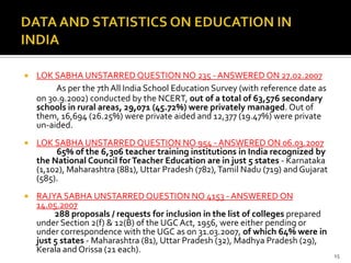    LOK SABHA UNSTARRED QUESTION NO 235 - ANSWERED ON 27.02.2007
         As per the 7th All India School Education Survey (with reference date as
    on 30.9.2002) conducted by the NCERT, out of a total of 63,576 secondary
    schools in rural areas, 29,071 (45.72%) were privately managed. Out of
    them, 16,694 (26.25%) were private aided and 12,377 (19.47%) were private
    un-aided.
   LOK SABHA UNSTARRED QUESTION NO 954 - ANSWERED ON 06.03.2007
         65% of the 6,306 teacher training institutions in India recognized by
    the National Council for Teacher Education are in just 5 states - Karnataka
    (1,102), Maharashtra (881), Uttar Pradesh (782), Tamil Nadu (719) and Gujarat
    (585).
   RAJYA SABHA UNSTARRED QUESTION NO 4153 - ANSWERED ON
    14.05.2007
         288 proposals / requests for inclusion in the list of colleges prepared
    under Section 2(f) & 12(B) of the UGC Act, 1956, were either pending or
    under correspondence with the UGC as on 31.03.2007, of which 64% were in
    just 5 states - Maharashtra (81), Uttar Pradesh (32), Madhya Pradesh (29),
    Kerala and Orissa (21 each).
                                                                                    15
 