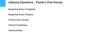 Industry Dynamics - Porter's Five Forces
Bargaining Power of Suppliers
Bargaining Power of Buyers
Threat of new entrants
Threat of substitutes
Industry Rivalry
 