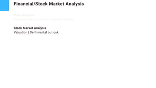 Financial/Stock Market Analysis
Ratio Analysis
Financial Ratios | Industry Specific Ratios
Stock Market Analysis
Valuation | Sentimental outlook
 