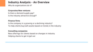 Industry Analysis - An Overview
Why do organizations do it?
Corporates/New ventures
ls there a demand-supply gap?
Is the industry attractive enough?
Finance firms
Is the company in a growing or a declining industry?
To help clients buy/sell assets based on trends in the industry
Consulting companies
New offerings for clients based on changes in industry
Helping clients to get in/get out
 