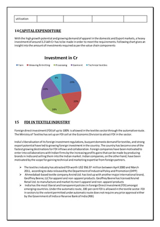 utilization
14CAPITALEXPENDITURE
Withthe highgrowthpotential andgrowingdemandof apparel inthe domesticandExportmarkets,a heavy
investmentof around3.2 lakhCr has tobe made inorder to meetthe requirements.Followingchartgivesan
insightintothe amountof investmentsrequiredasperthe value chaincomponents
15 FDI IN TEXTILE INDUSTRY
Foreigndirectinvestment(FDI)of up to 100% isallowedinthe textilessectorthroughthe automativeroute.
The Ministryof Textileshassetupan FDI cell at the EconomicDivisiontoattract FDI inthe sector.
India’sliberalisationof itsforeigninvestmentregulations,buoyantdomesticdemandfortextiles,andstrong
exportpotential have ledtogrowingforeigninvestmentinthe country.The countryhas become one of the
fastestgrowingdestinationsforFDIinflowsandcollaboration.Foreigncompanieshave beenmotivatedto
enterintocollaborationswithIndianfirmsbythe increasingprofitsgainsthatcanbe made byproducing
brandsin Indiaandsellingthem intothe Indianmarket.Indiancompanies,onthe otherhand,have been
motivatedbythe scope forgainingtechnical andmarketingexpertise fromforeignpartners.
 The textilesindustryhasattractedFDIworth US$ 956.97 millionbetweenApril 2000 and March
2011, accordingto data releasedbythe Departmentof IndustrialPolicyandPromotion(DIPP)
 Ahmedabad-basedtextile companyArvindLtd.hastiedupwithanothermajorinternational brand,
GeoffreyBeene,LLCforapparel and non-apparel products.GeoffreyBeenehaslicensedArvind
Retail Ltd.to manufacture andmarketitsmen'sapparel and non-apparel products
 Indiahas the most liberal andtransparentpoliciesinForeignDirectInvestment(FDI) amongst
emergingcountries.Underthe automaticroute,100 percent FDIis allowedinthe textile sector.FDI
insectorsto the extentpermittedunderautomaticroute doesnotrequire anypriorapproval either
by the Governmentof IndiaorReserve Bankof India(RBI)
 