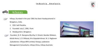 I n d u s t r y A n a l y s i s
In f o s y s
Infosys, founded in the year 1981 has been headquartered in
Bengaluru, India.
1. CEO: Salil Parekha
2. Founded: July 2, 1981, Pune
3. Headquarters: Bengaluru
Founders: N. R. Narayana Murthy, K. Dinesh, Nandan Nilekani,
Ashok Arora, S. D. Shibulal, Kris Gopalakrishnan, N. S. Raghavan
,Subsidiaries: Infosys BPO Limited, Panaya, Lodestone
Management Consultants, Infosys China, Infosys Australia
 