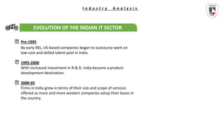 I n d u s t r y A n a l y s i s
EVOLUTION OF THE INDIAN IT SECTOR
Pre-1995
By early 90s, US-based companies began to outsource work on
low-cost and skilled talent pool in India.
1995-2000
With increased investment in R & D, India became a product
development destination.
2000-05
Firms in India grew in terms of their size and scope of services
offered as more and more western companies setup their bases in
the country.
 