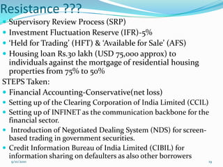 Resistance ???
 Supervisory Review Process (SRP)
 Investment Fluctuation Reserve (IFR)-5%
 ‘Held for Trading’ (HFT) & ‘Available for Sale’ (AFS)
 Housing loan Rs.30 lakh (USD 75,000 approx) to
  individuals against the mortgage of residential housing
  properties from 75% to 50%
STEPS Taken:
 Financial Accounting-Conservative(net loss)
 Setting up of the Clearing Corporation of India Limited (CCIL)
 Setting up of INFINET as the communication backbone for the
  financial sector.
 Introduction of Negotiated Dealing System (NDS) for screen-
  based trading in government securities.
 Credit Information Bureau of India Limited (CIBIL) for
  information sharing on defaulters as also other borrowers
    9/10/2010                                                   19
 