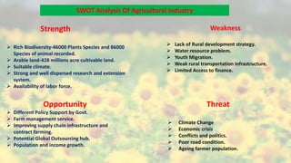 SWOT Analysis Of Agricultural Industry
Strength
 Rich Biodiversity-46000 Plants Species and 86000
Species of animal recorded.
 Arable land-428 millions acre cultivable land.
 Suitable climate.
 Strong and well dispersed research and extension
system.
 Availability of labor force.
Weakness
 Lack of Rural development strategy.
 Water resource problem.
 Youth Migration.
 Weak rural transportation infrastructure.
 Limited Access to finance.
Opportunity
 Different Policy Support by Govt.
 Farm management service.
 Improving supply chain infrastructure and
contract farming.
 Potential Global Outsourcing hub.
 Population and income growth.
Threat
 Climate Change
 Economic crisis
 Conflicts and politics.
 Poor road condition.
 Ageing farmer population.
 