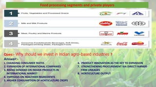Food processing segments and private players
Ques:- Why should we invest in Indian agro-based industries ?
Answer:-
1. CHANGING CONSUMER TASTES 6. PRODUCT INNOVATION AS THE KEY TO EXPANSION
2. EXPANSION OF INTERNATIONAL COMPANIES 7. STRENGTHENING PROCUREMENT VIA DIRECT FARMER-
3. RISING DEMAND ON INDIAN PRODUCTS IN FIRM LINKAGES
INTERNATIONAL MARKET 8. HORTICULTURE OUTPUT
4. EMPHASIS ON HEALTHIER INGREDIENTS
5. HIGHER CONSUMPTION OF HORTICULTURE CROPS
 