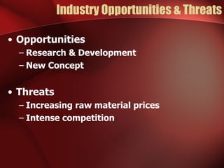 Industry Opportunities & Threats Opportunities Research & Development New Concept Threats Increasing raw material prices Intense competition 
