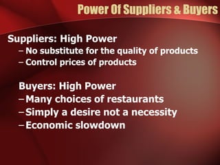 Power Of Suppliers & Buyers Suppliers: High Power No substitute for the quality of products Control prices of products  Buyers: High Power Many choices of restaurants Simply a desire not a necessity  Economic slowdown 