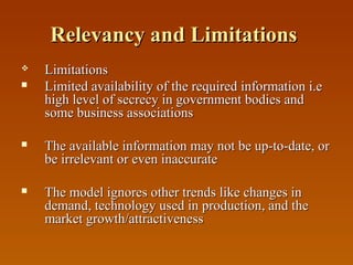 Relevancy and Limitations



Limitations
Limited availability of the required information i.e
high level of secrecy in government bodies and
some business associations



The available information may not be up-to-date, or
be irrelevant or even inaccurate



The model ignores other trends like changes in
demand, technology used in production, and the
market growth/attractiveness

 