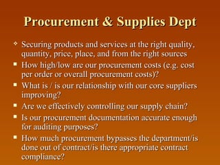 Procurement & Supplies Dept











Securing products and services at the right quality,
quantity, price, place, and from the right sources
How high/low are our procurement costs (e.g. cost
per order or overall procurement costs)?
What is / is our relationship with our core suppliers
improving?
Are we effectively controlling our supply chain?
Is our procurement documentation accurate enough
for auditing purposes?
How much procurement bypasses the department/is
done out of contract/is there appropriate contract
compliance?

 