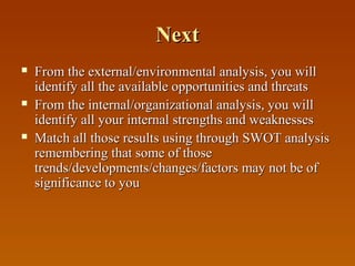 Next






From the external/environmental analysis, you will
identify all the available opportunities and threats
From the internal/organizational analysis, you will
identify all your internal strengths and weaknesses
Match all those results using through SWOT analysis
remembering that some of those
trends/developments/changes/factors may not be of
significance to you

 