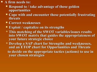 

A firm needs to:
 Respond to / take advantage of those golden
opportunities
 Cope with and encounter those potentially frustrating
threats
 Correct weaknesses
 Exploit / capitalize on its strengths
 This matching of the SWOT variables/issues results
into SWOT matrix that guides the appropriateness of
your future strategic choice
 Develop a SAP chart for Strengths and weaknesses,
and an ETOP chart for Opportunities and Threats
to decide on the appropriate tactics (actions) to use in
your chosen strategies

 