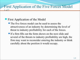 First Application of the Five Forces Model
1 of 2
First Application of the Model
The five forces model can be used to assess the
attractiveness of an industry by determining the level of
threat to industry profitability for each of the forces.
If a firm fills out the form shown on the next slide and
several of the threats to industry profitability are high, the
firm may want to reconsider entering the industry or think
carefully about the position it would occupy.
5-29
 