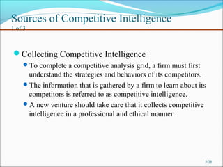 Sources of Competitive Intelligence
1 of 3
Collecting Competitive Intelligence
To complete a competitive analysis grid, a firm must first
understand the strategies and behaviors of its competitors.
The information that is gathered by a firm to learn about its
competitors is referred to as competitive intelligence.
A new venture should take care that it collects competitive
intelligence in a professional and ethical manner.
5-38
 
