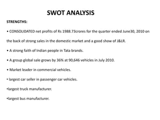 SWOT ANALYSIS
STRENGTHS:
• CONSOLIDATED net profits of Rs 1988.73crores for the quarter ended June30, 2010 on
the back of strong sales in the domestic market and a good show of J&LR.
• A strong faith of Indian people in Tata brands.
• A group global sale grows by 36% at 90,646 vehicles in July 2010.
• Market leader in commercial vehicles.
• largest car seller in passenger car vehicles.

•largest truck manufacturer.
•largest bus manufacturer.

 