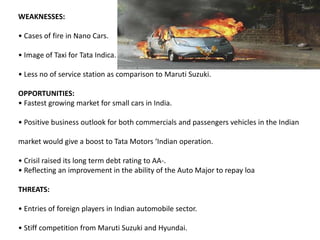WEAKNESSES:
• Cases of fire in Nano Cars.

• Image of Taxi for Tata Indica.
• Less no of service station as comparison to Maruti Suzuki.
OPPORTUNITIES:
• Fastest growing market for small cars in India.
• Positive business outlook for both commercials and passengers vehicles in the Indian
market would give a boost to Tata Motors ‘Indian operation.
• Crisil raised its long term debt rating to AA-.
• Reflecting an improvement in the ability of the Auto Major to repay loa
THREATS:
• Entries of foreign players in Indian automobile sector.
• Stiff competition from Maruti Suzuki and Hyundai.

 
