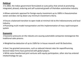 Political
In 2002, the Indian government formulated an auto policy that aimed at promoting
integrated, phased, enduring and self-sustained growth of theIndian automotive industry
Allows automatic approval for foreign equity investment up to 100% in theautomotive
sector and does not lay down any minimum investment criteria.

Ensure a balanced transition to open trade at minimal risk to the Indianeconomy and local
industry.
Promoting multi-model transportation and the implementation of mass rapid transport
system

Economic
Economic pressures on the industry are causing automobile companies toreorganize the
traditional sales process.
Weighted tax deduction of up to 150% for in-house research and R & Dactivities.

Govt. has granted concessions, such as reduced interest rates for exportfinancing.
Several Indian firms have partnered with global players.
While some haveformed joint ventures with equity participation, other also has entered
intotechnology tie-ups.

 