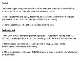 Social
Since changed lifestyle of people, leads to increased purchase of automobiles,
so automobile sector have a large customer base to serve
Indian customers are highly discerning, educated and well informed. Theyare
price sensitive and put a lot of emphasis on value for money.
Preference for fuel efficient cars with low running costs
Technological
The Government of India is promoting National Automotive Testing andR&D
Infrastructure Project (NATRIP)to support the growth of the autoindustry in India
Technological solutions helps in integrating the supply chain, hence
reducelosses and increase profitability
Major global players like audi, BMW Hyundai etc have setup their manufacturing
units in India.

 