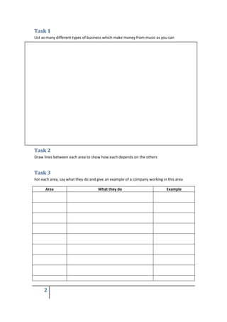 Task 1
List as many different types of business which make money from music as you can




Task 2
Draw lines between each area to show how each depends on the others


Task 3
For each area, say what they do and give an example of a company working in this area

      Area                          What they do                           Example




     2
 