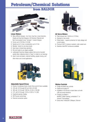 Petroleum/Chemical Solutions
                                              from BALDOR




    Linear Motors                                                          AC Servo Motors
    •	 Many	different	designs:		Iron	Core,	Cog-free,	Linear	Induction,	    •	   Peak	torques	over	1500	lb-in	(170	Nm)
       Single	and	Dual	Axis	Steppers,	DC	Brushed,	Polynoid	and	            •	   Standard	or	low	inertia
    	 Non-Commutated	Linear	“Actuator”,	Custom	Designs                     •	   Potted	stator	–	superior	protection	for	high	voltage	and	
    •	 Forces	up	to	3100	lbs	(13.8	kN)                                     	    current	spikes
    •	 Speeds	up	to	5	m/sec,	accelerations	up	to	10	Gs                     •	   Premium	200°C	moisture	resistant,	multi-coated	wire
    •	 Modular		tracks	for	very	long	travels                               •	   Stainless	steel	IP67	enclosures	available
    •	 Open	loop	or	closed	loop	operation
    •	 Kits	and	ready	to	use	stages	available	
    •	 Lightweight	Dual	Axis	Stepper	platens	that	can	be	mounted	
       upside	down,	allowing	motor	to	“hang”	in	midair	on	air	bearings
    •	 Used	in	pick	and	place,	material	handling,	people	moving,	and	
       other	linear	and	curved	applications




    Adjustable Speed Drives                                                Motion Controls
    •	 Inverter,	Encoderless	Vector,	Vector	Drive	and	AC	Servo	available   •	 Single	and	Multi-axis	controls	
    •	 230	volt,	3/4	through	60	hp	(0.56	to	45	kW)                         •	 Digital	and	Analog	I/O
    •	 460	volt,	3/4	through	1000	hp		(0.56	to	746	kW)                     •	 Available	in	PCI	format	or	stand	alone	unit	with
    •	 575,	volt	3/4	through	150	hp		(0.56	to	112	kW)                         USB and serial interfaces
    •	 Graphical	operator	display                                          •	 Program	via	Baldor’s
    •	 PID	Process	control	loop                                               MintMT®	(Multi-Tasking),	embedded	‘C’	or
    •	 Ethernet	connection	option                                          	 ActiveX® Technologies
                                                                           •	 Device	Net,	ProfibusDP,	CANopen,	Ethernet




                                                                                                                                            2
8
 