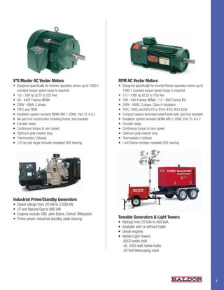 V*S Master AC Vector Motors                                           RPM AC Vector Motors
•	 Designed	specifically	for	Inverter	operation	where	up	to	1000:1	   •	 Designed	specifically	for	Inverter/Vector	operation	where	up	to	
   constant	torque	speed	range	is	required                               1000:1	constant	torque	speed	range	is	required
•	 1/2	-	300	hp	(0.37	to	225	Kw)                                      •	 1/3	-	1000	hp	(0.25	to	750	Kw)
•	 56	-	449T	Frames	NEMA                                              •	 180	-	440	Frames	NEMA,	112	-	280	Frames	IEC
•	 200V	-	690V,	3	phase                                               •	 200V	-	690V,	3	phase,	Class	H	Insulation
•	 TEFC	and	TENV                                                      •	 TEFC,	TEBC	and	DPG-FV	or	IP54,	IP55,	IP23-IC06
•	 Insulation	system	exceeds	NEMA	MG	1-2006,	Part	31.4.4.2            •	 Compact	square	laminated	steel	frame	with	cast	iron	brackets
•	 All	cast	iron	construction	including	frame,	end	brackets           •	 Insulation	system	exceeds	NEMA	MG	1-2006,	Part	31.4.4.2
•	 Encoder	ready                                                      •	 Encoder	ready
•	 Continuous	torque	to	zero	speed                                    •	 Continuous	torque	to	zero	speed
•	 Optimum	pole	inverter	duty                                         •	 Optimum	pole	inverter	duty
•	 Thermostats	(1/phase)                                              •	 Thermostats	(1/phase)
•	 125	hp	and	larger	includes	insulated	ODE	bearing                   •	 L440	frame	includes	insulated	ODE	bearing




Industrial Prime/Standby Generators
•	 Diesel	ratings	from	20	kW	to	2,000	kW
•	 LP	and	Natural	Gas	to	880	kW
•	 Engines	include:	GM,	John	Deere,	Detroit,	Mitsubishi
•	 Prime	power,	industrial	standby,	peak	shaving                      Towable Generators & Light Towers
                                                                      •	 Ratings	from	25	kVA	to	400	kVA
                                                                      •	 Available	with	or	without	trailer
                                                                      •	 Diesel	engines
                                                                      •		Mobile	Light	Towers	
                                                                      	 -6000	watts	total
                                                                      	 -(4)	1000	watt	halide	bulbs
                                                                      	 -30	foot	telescoping	mast




                                                                                                                                            7
 