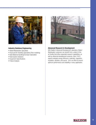 Industry Solutions Engineering                          Advanced Research & Development
•	Water/Wastewater Specialists	                         With Baldor’s Advanced Development Laboratory, Water/
•	Fluid and Air Handling Specialists (Flow modeling)	   Wastewater customers can benefit from a state-of-the-
•	Bulk Material Handling/Conveyor Specialists           art facility that offers expanded research capabilities, as
• Total System Solutions                                well as advanced development sciences. Here, R & D
•	Equipment Specifications                              experts evaluate energy efficiency, materials, magnetics,
•	Failure Analysis                                      insulation, vibration, and sound - all in an effort to ensure
                                                        optimum performance and reliability in every application.




                                                                                                                        15
 