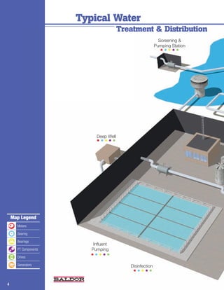 Typical Water
                                       Treatment & Distribution
                                                           Screening &
                                                         Pumping Station
                                                           •••••




                           Deep Well
                           •••••




    Map Legend
      Motors

      Gearing

      Bearings
                          Influent
      PT Components      Pumping
      Drives             •••••
      Generators                          Disinfection
                                           •••••

4
 