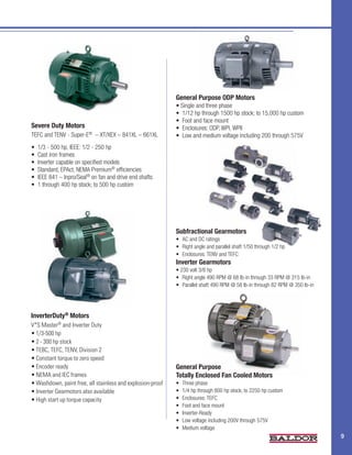 General Purpose ODP Motors
                                                            •	Single	and	three	phase
                                                            •	 1/12	hp	through	1500	hp	stock;	to	15,000	hp	custom
                                                            •	 Foot	and	face	mount
Severe Duty Motors                                          •	 Enclosures:	ODP,	WPI,	WPII
TEFC	and	TENV	-	Super-E®		–	XT/XEX	–	841XL	–	661XL          •	 Low	and	medium	voltage	including	200	through	575V
•	 1/3	-	500	hp,	IEEE:	1/2	-	250	hp	
•	 Cast	iron	frames
•	 Inverter	capable	on	specified	models
•	 Standard,	EPAct,	NEMA	Premium®	efficiencies
•	 IEEE	841	–	Inpro/Seal® on fan and drive end shafts
•	 1	through	400	hp	stock;	to	500	hp	custom




                                                            Subfractional Gearmotors
                                                            •	 AC	and	DC	ratings
                                                            •	 Right	angle	and	parallel	shaft	1/50	through	1/2	hp
                                                            •	 Enclosures:	TENV	and	TEFC
                                                            Inverter Gearmotors
                                                            • 230	volt	3/8	hp
                                                            •	 Right	angle	490	RPM	@	68	lb-in	through	33	RPM	@	315	lb-in
                                                            •	 Parallel	shaft	490	RPM	@	58	lb-in	through	82	RPM	@	350	lb-in




InverterDuty® Motors
V*S Master® and Inverter Duty
•	1/3-500	hp
•	2	-	300	hp	stock
•	TEBC,	TEFC,	TENV,	Division	2
•	Constant	torque	to	zero	speed
•	Encoder	ready                                             General Purpose
•	NEMA	and	IEC	frames                                       Totally Enclosed Fan Cooled Motors
•	Washdown,	paint	free,	all	stainless	and	explosion-proof   •	   Three	phase
•	Inverter	Gearmotors	also	available                        •	   1/4	hp	through	800	hp	stock,	to	2250	hp	custom
•	High	start	up	torque	capacity                             •	   Enclosures:	TEFC
                                                            •	   Foot	and	face	mount
                                                            •	   Inverter-Ready
                                                            •	   Low	voltage	including	200V	through	575V
                                                            •	   Medium	voltage
                                                                                                                              9
 