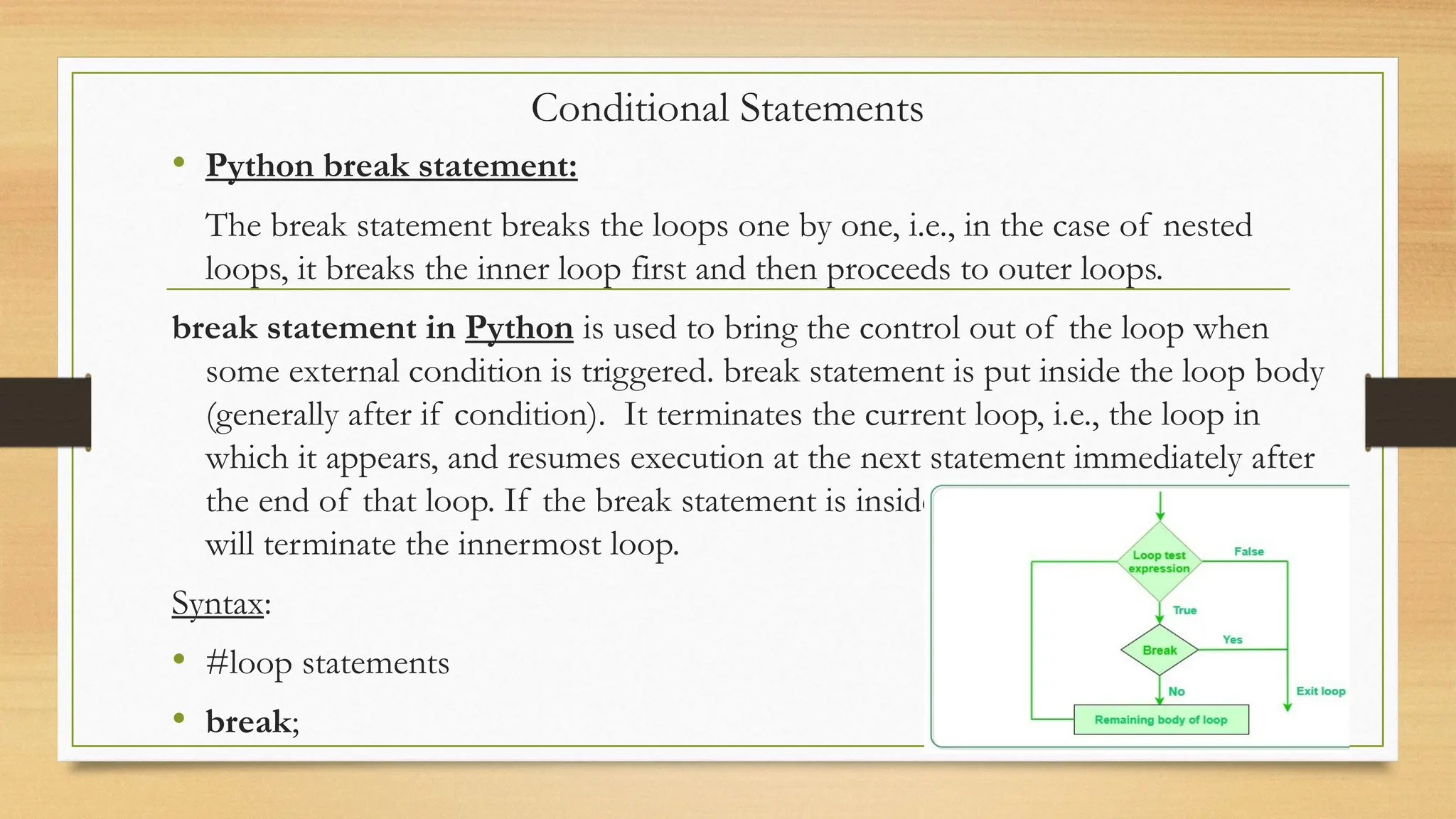 Conditional Statements
• Python break statement:
The break statement breaks the loops one by one, i.e., in the case of nested
loops, it breaks the inner loop first and then proceeds to outer loops.
break statement in Python is used to bring the control out of the loop when
some external condition is triggered. break statement is put inside the loop body
(generally after if condition). It terminates the current loop, i.e., the loop in
which it appears, and resumes execution at the next statement immediately after
the end of that loop. If the break statement is inside a nested loop, the break
will terminate the innermost loop.
Syntax:
• #loop statements
• break;
 