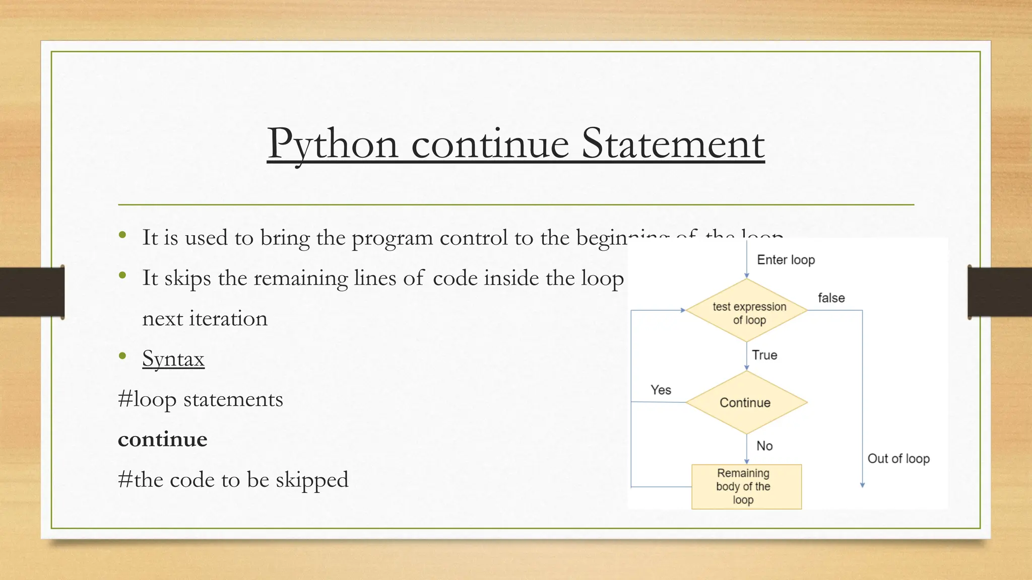 Python continue Statement
• It is used to bring the program control to the beginning of the loop
• It skips the remaining lines of code inside the loop and start with the
next iteration
• Syntax
#loop statements
continue
#the code to be skipped
 