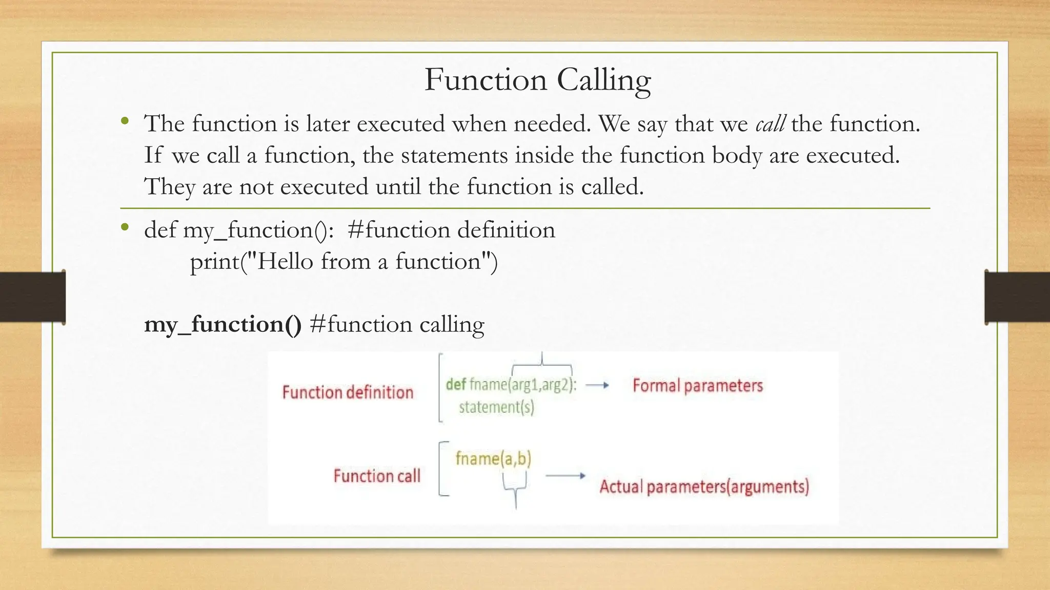 • The function is later executed when needed. We say that we call the function.
If we call a function, the statements inside the function body are executed.
They are not executed until the function is called.
• def my_function(): #function definition
print("Hello from a function")
my_function() #function calling
Function Calling
 