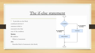 The if-else statement
• It provides an else block
combined with the if
statement which is
executed in the false
case of the condition.
Syntax:
if condition:
#block of statements
else:
#another block of statements (else-block)
 
